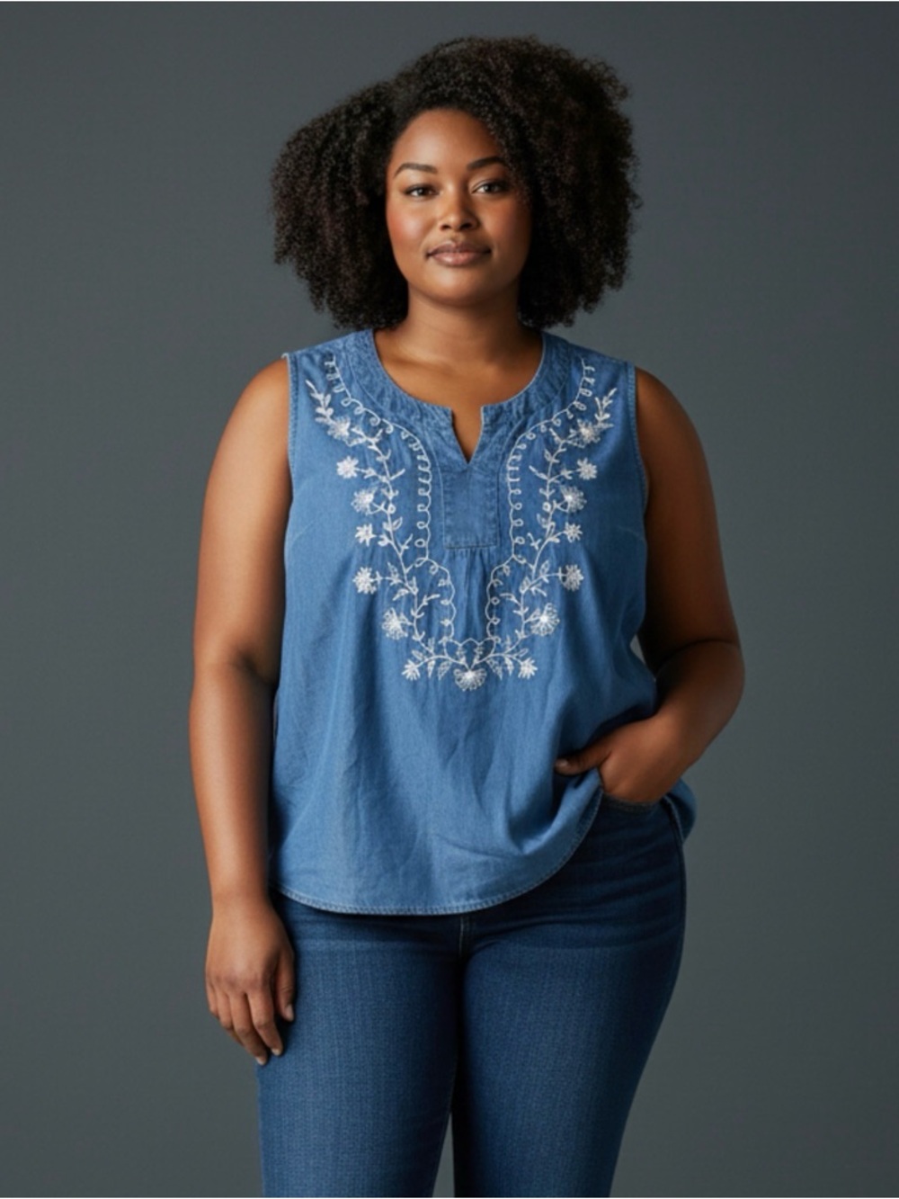 CROFT & BARROW Denim Sleeveless Embroidered Chambray Top